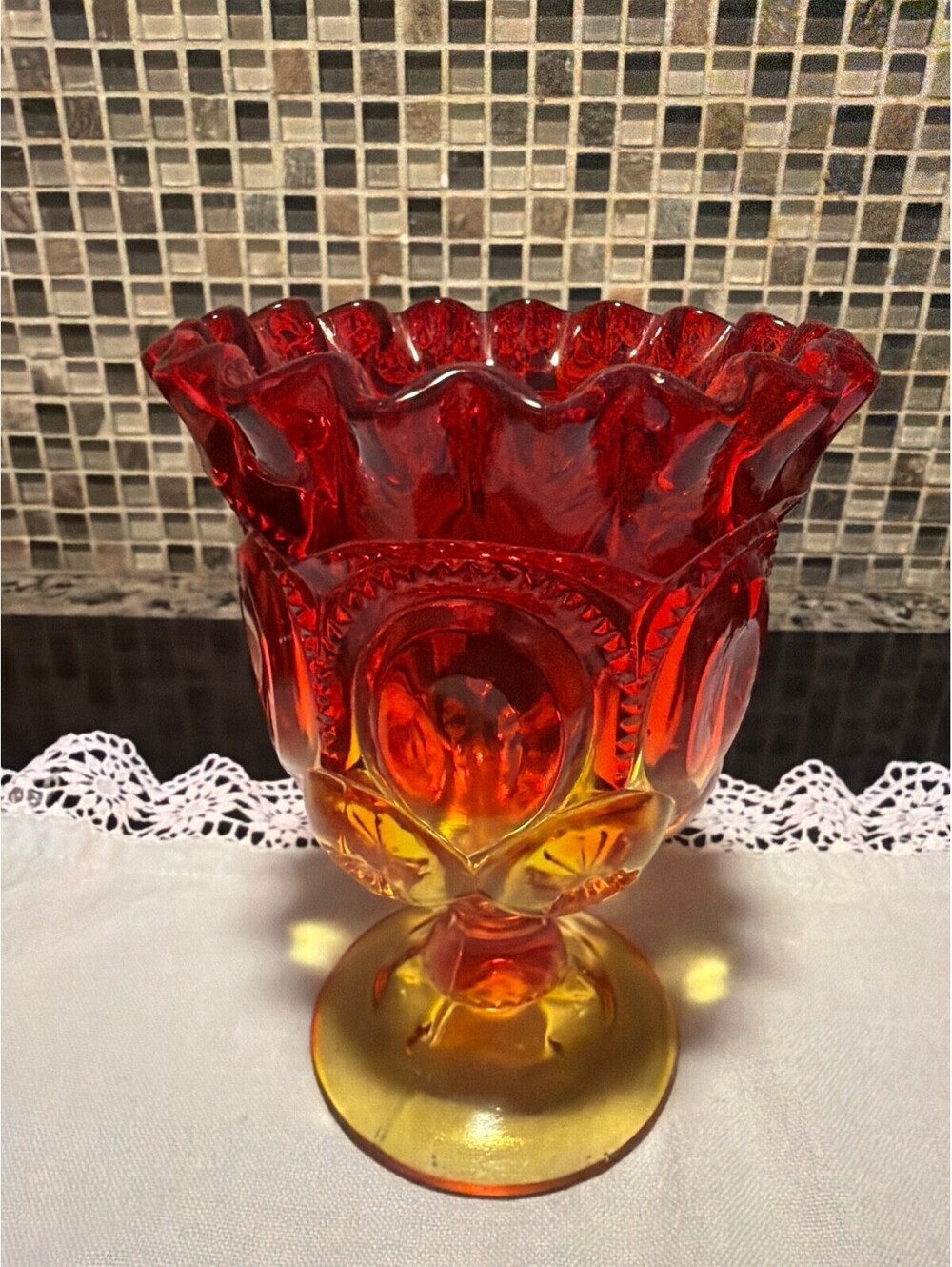 L.E. Smith Amberina Moon And Stars 5 3/4" 18 Point Crimped Compote